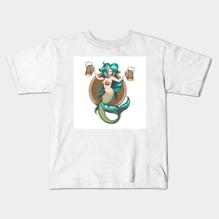 Mermaid With Mugs of Beer Tattoo Illustration Kids T-Shirt